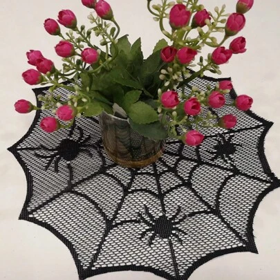 1pc Halloween Round Table Placemat, 30cm Diameter Black Lace Dining Mat Decorative Napkin