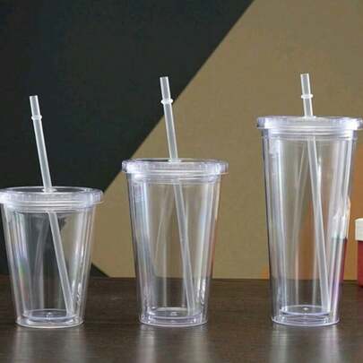 1pc 350ml Or 450ml Or 650ml Double Wall Clear Plastic Straw Cup, Insulated Milk Tea Cup
