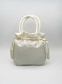 1个复古刺绣抽绳水桶包，花卉图案，女士时尚手提包兼零钱包，缎面托特包，汉服配饰（白色） - 白色 - 查看 8