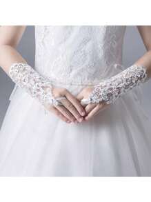 1pair Flower & Lace Princess Gloves For Girls, Wedding Accessories, Children Performance Fingerless Gloves - White - View 2