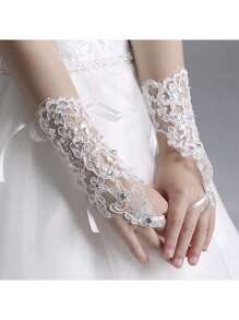1pair Flower & Lace Princess Gloves For Girls, Wedding Accessories, Children Performance Fingerless Gloves - White - View 3