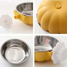1pc Plastic & Stainless Steel Detachable Pumpkin-Shaped Pet Food And Water Bowl - Adjustable Height For Convenient Feeding And Cleaning
