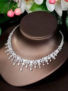 1套優雅的立方氧化鋯鑽石裝飾珠寶套裝,適合女性參加聚會/活動 - 銀色 - 查看 6