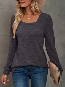Women Tunic Tops Long Casual Sleeve T Shirts Loose Fit Pullover Blouses Square Neck For Fall Spring Puff Sleeve Sweathirts - Grey - View 1