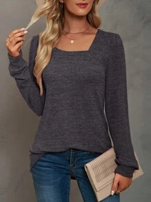Women Tunic Tops Long Casual Sleeve T Shirts Loose Fit Pullover Blouses Square Neck For Fall Spring Puff Sleeve Sweathirts - Grey - View 3