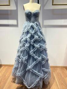 mujer vestido corte princesa pedreria en corset falda de tul detalle de rombos - Gris - Ver 1