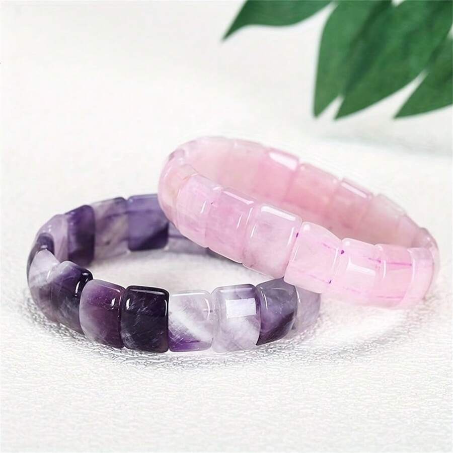 1 chiếc vòng tay đá thạch anh hồng và thạch anh tím tự nhiên không đối xứng thanh lịch và thời trang dành cho nữ, thiết kế hình tròn đơn, tối giản, thanh lịch, dây chuyền đá thời trang - Pha lê tự nhiên - Xem 1