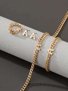 1條金屬時尚經典厚鍊字母吊墜項鍊,1個手鐲,1只戒指,1對耳環套裝 - 金黃色 - 查看 3