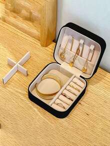 1入組珠寶盒，項鍊、耳環、手環、手鐲和飾品的旅行收納盒，女性用絨布收納袋，帶可拆卸隔板 - 彩色 - 查看 4