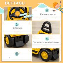 Escavatore per Bambini 3-4 Anni Manuale con Pinza, Pulsante per Suoni e Spazio Portaoggetti Nascosto, in PP e ABS, 83x27x39 cm, Giallo e Nero - Giallo - Visualizzare 3