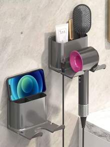 New Plastic Hair Dryer Storage Rack Wall-Mounted Bathroom Hair Dryer Holder Stand With Compartments, No Drilling Needed Organizer Storage Shelf For Bathroom - Grey - View 3