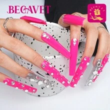 Upgrade Your Look With BEGAVET 10pcs Y2K Handmade Exclusive Design Nails Extra Long Pink Press On Nails With 3D Decorations, Easy To Wear Nail Supplies - Hot Pink - View 1
