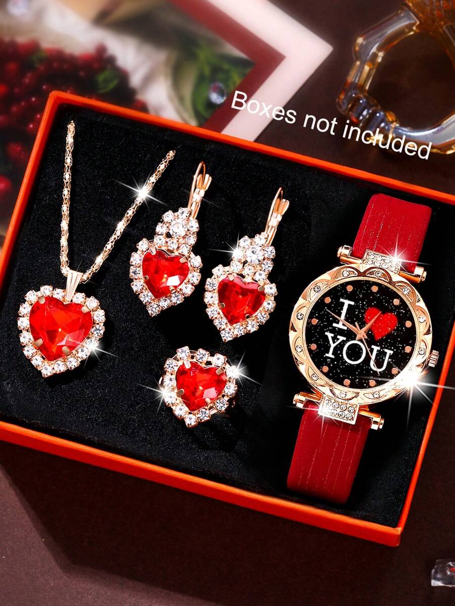SOKI SOKI Conjunto de 5 piezas para el Día Nacional: Reloj de mujer de moda casual con estuche con diamantes "Te amo", esfera redonda, reloj de cuarzo y conjunto de joyería con colgante en forma de corazón con diamante, aretes y anillo, adecuado para uso diario, Acción de Gracias, Halloween, Navidad, fiestas de cumpleaños, Ramadán y como regalo perfecto sin caja - Rojo - Ver 1