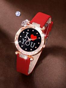 SOKI SOKI Conjunto de 5 piezas para el Día Nacional: Reloj de mujer de moda casual con estuche con diamantes "Te amo", esfera redonda, reloj de cuarzo y conjunto de joyería con colgante en forma de corazón con diamante, aretes y anillo, adecuado para uso diario, Acción de Gracias, Halloween, Navidad, fiestas de cumpleaños, Ramadán y como regalo perfecto sin caja - Rojo - Ver 3