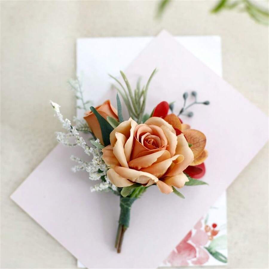 1pc Men Luxury Imitation Fabric Rose Flower Brooch, Groomsmen Boutonniere For Wedding, Prom And Graduation Ceremony Party Decoration Valentine's Day Valentines - A - View 1