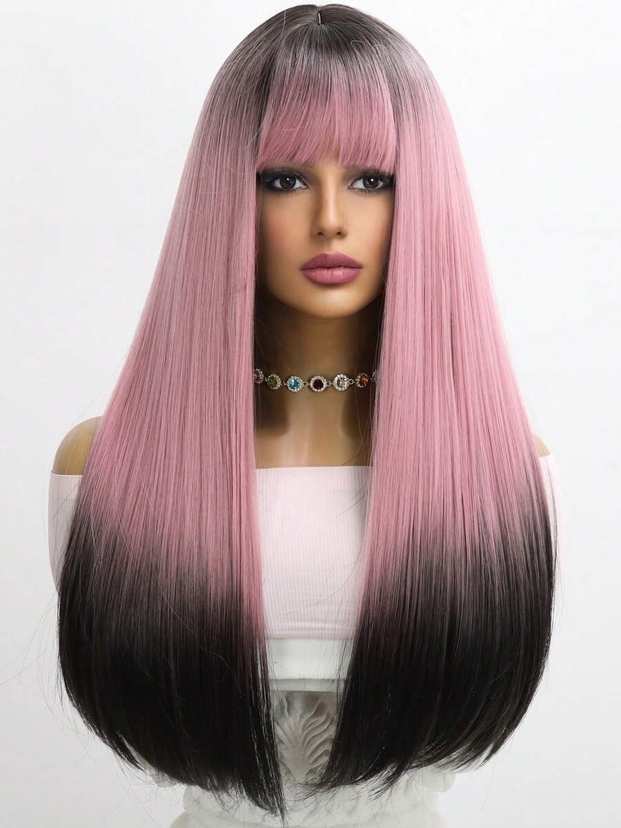 24英寸黑頂部,粉紅漸變,長直瀏海適合派對合成纖維女人假髮 - 合成女性假髮,打造完美的獨家派對造型 - 漸層 - 查看 1