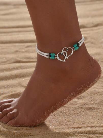 Heart & Turquoise Decor Beaded Anklet