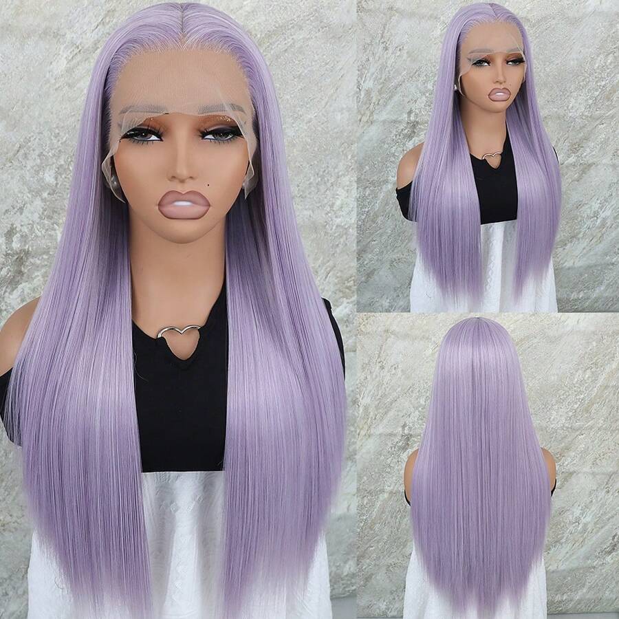 26 Inches Long Straight Taro Color Light Purple Synthetic Lace Front Wigs 13x4 Lace Area Free Part Pre Plucked With Baby Hair Around Natural Hairline Glueless Heat Resistant Fiber Frontal Lace Wig For Fashion Women Girls Party Vacation Show Makeup Use Daily Wear - 淡紫色 - 查看 1