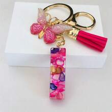 1pc Women's Initial Keychain With Pink Resin Letter, Rhinestone & Butterfly Pendant For Bag/Purse Boho - Hot Pink - View 35