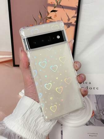 Apple 2000s Fashion Y2K 1pc Transparent Shockproof Tpu Phone Case With Four Corners Protection And Laser Heart Sticker, Compatible With Pixel 6/6a/6pro/7/7a/7pro/8pro