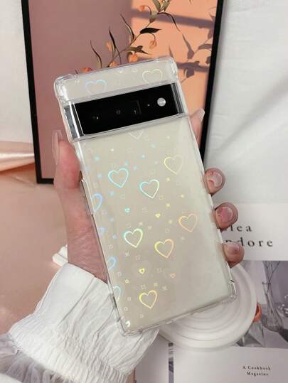 Apple 2000s Fashion Y2K 1pc Transparent Shockproof Tpu Phone Case With Four Corners Protection And Laser Heart Sticker, Compatible With Pixel 6/6a/6pro/7/7a/7pro/8pro Waterproof Anti-Fall Scratch Resistant