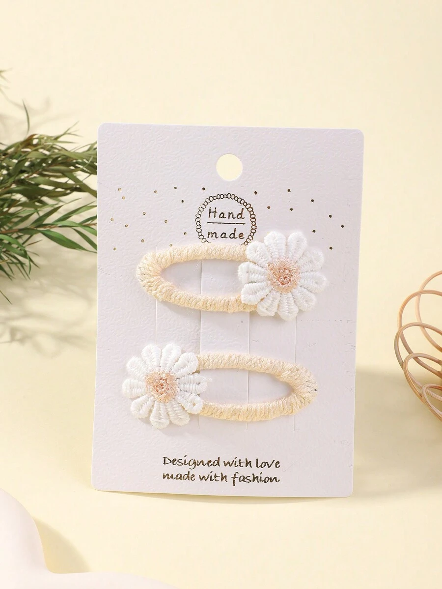 2pcs Plain Hair Clips With Single Flower Design, Full Coverage Hair Edge Clip For Children - Multicolor - View 1
