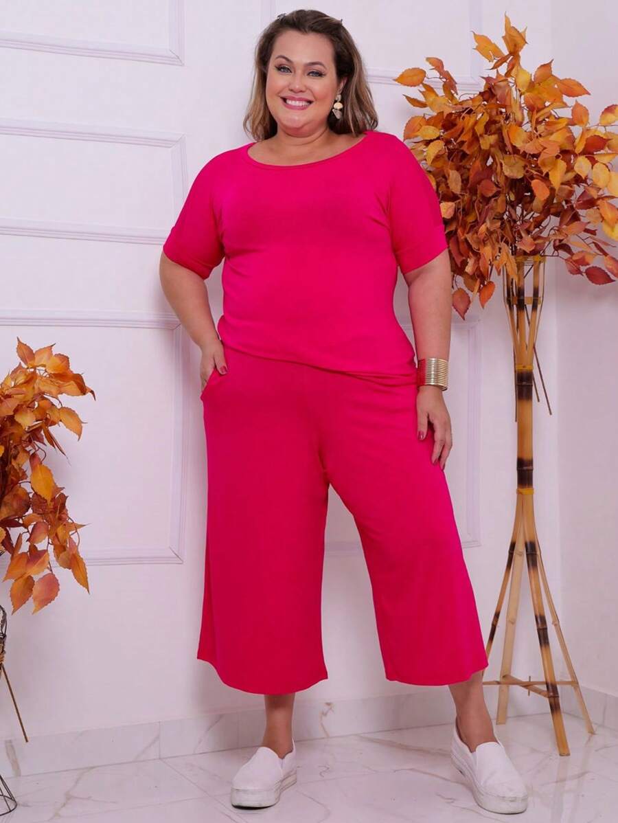 Conjunto Pantacourt Plus Size Feminino em Viscolycra Tamanho Único - Veste do 44 ao 50 - Pink - Visão 1