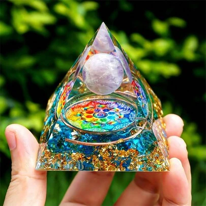 1 máy phát năng lượng kim tự tháp Orgon, quả cầu pha lê thạch anh tím tự nhiên với thạch anh xanh, kim tự tháp Orgone, kim tự tháp bảo vệ với các điểm năng lượng thạch anh, máy phát năng lượng Reiki để trang trí, thiền chữa bệnh