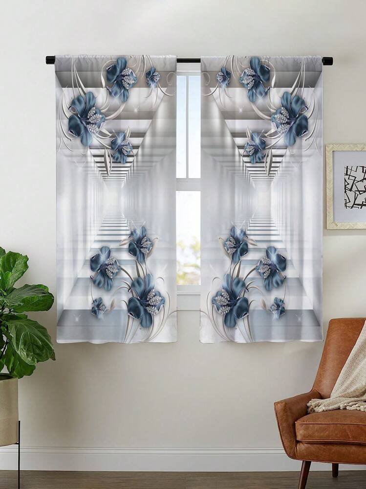 Tenda Cucina 70x99 Cm Con Fiori Blu E Farfalle | 2 Pannelli Per Finestra Stile Country - 2