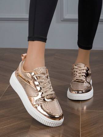 Women's Spring/Summer Gold Hollow Out Breathable Casual Comfortable Platform Sneakers With Thick Soles For Walking, Fashionable Sports Shoes