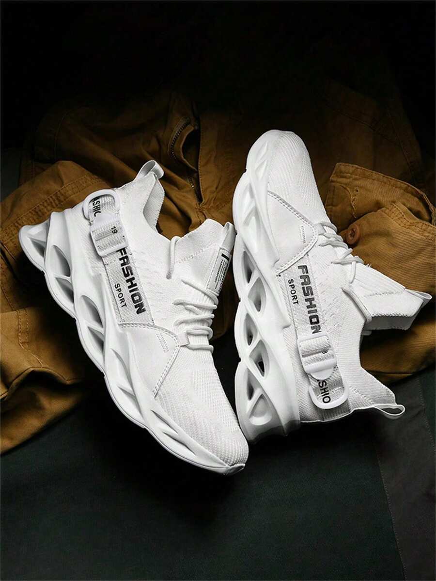 1 đôi Nhẹ Đàn hồi Thoáng khí Giày Chạy bộ Với Buckled Trang trí Mặt trước Lace-up Giày thể thao ( Mẫu Bên Dệt Dây đeo Là Thiết kế ) - trắng - Xem 1
