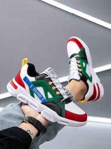 男士字母图案撞色系带运动面料厚底运动鞋，户外高帮运动鞋