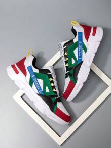 男士字母图案撞色系带运动面料厚底运动鞋，户外高帮运动鞋