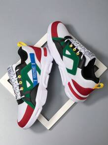 男士字母图案撞色系带运动面料厚底运动鞋，户外高帮运动鞋