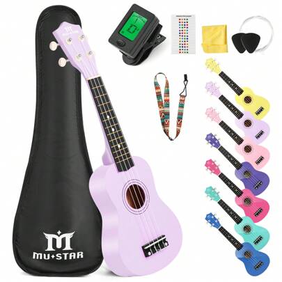 MUSTAR Soprano Ukulele For Beginners - 21 Inch Small Guitar Ukulele For Birthday Holiday Gifts, Gig Bag, Digital Tuner, Strap, Picks, All In One Kit (Light , MU-1700)