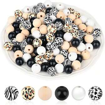 60pcs/Set Wooden Beads With Animal Patterns Like Zebra, Leopard, Milk Grain, Suitable For DIY Room Decor