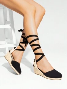 Women's Closed Toe Lace Up Espadrilles Fashion Straps Sandals  Vocation Beach Dressy Summer Platform Wedge Sandals Shoes - 黑色 - 查看 1