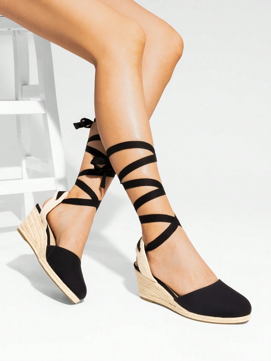 Women's Closed Toe Lace Up Espadrilles Fashion Straps Sandals  Vocation Beach Dressy Summer Platform Wedge Sandals Shoes - 黑色 - 查看 1