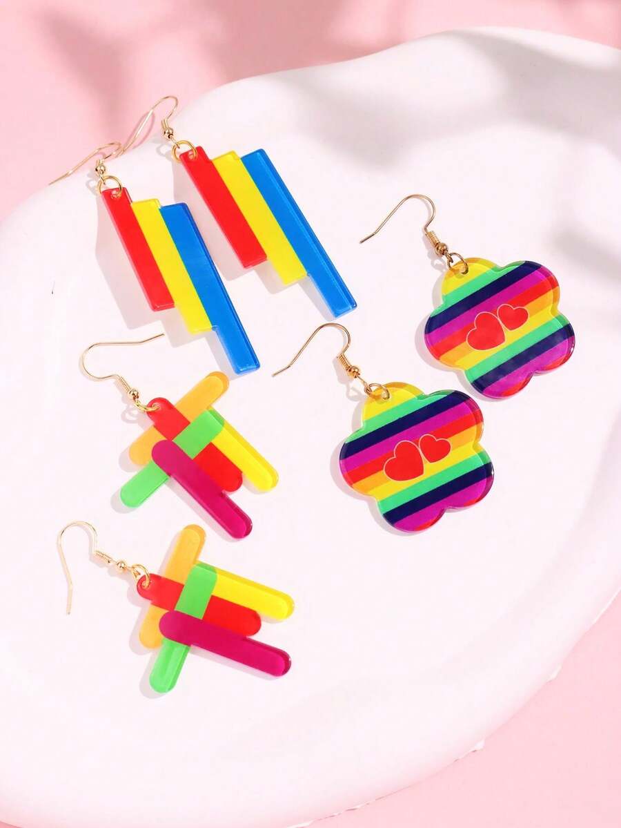 1 cặp hoa tai hình trái tim sọc cầu vồng acrylic thời trang đơn giản dành cho nữ, trang sức in - Nhiều màu - Xem 1