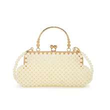 Acrylic Pearl Evening Purse, Clutch, Elegance Metal Handle Bag With Crossbody Strap, White, Makeup Bag, Kisslock Pearl Bag, Vintage Purse, For Wedding, Dating, Anniversary, Bride And Bridesmaid, Pure White Spring Color - 米色 - 查看 4