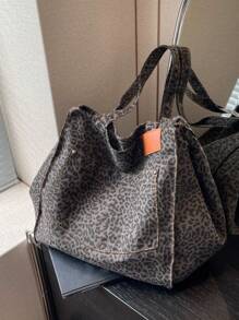休闲时尚大容量豹纹女士托特包百搭个性设计流行包，书包，大容量，便携，适合少女女大学生，白领人士学校手提包，学校托特包，学校书包，返校包，轻便，可折叠，经典休闲，适合少女女大学生，非常适合返校，开学第一天，购物 - 彩色 - 查看 3