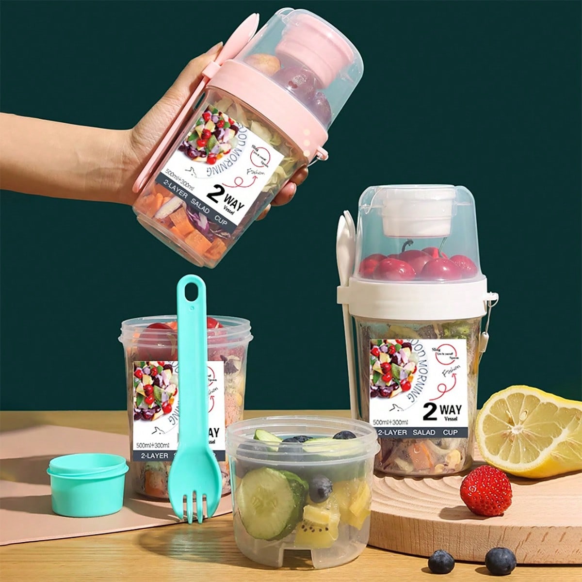 2st/1st Salade beker En Vork Sets Draagbaar Ontbijtvoedsel Container , Fruit Beker , Yoghurt Beker , Fitness Beker , Reis Beker , Waterfles , Keuken Bakken Hulpmiddel - Geschikt Voor Thuis , Kantoor , 