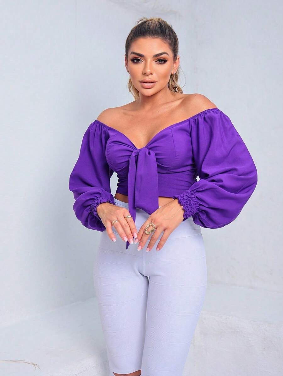 cropped feminino de manga longa decotado com detalhe e alça para laço e costas de lastex - Roxo - Visão 1