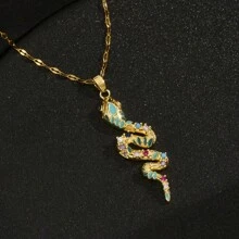 1 件镀金不锈钢方形方晶锆石和珐琅涂层蛇形个性化设计项链，男女通用，街头潮流，日常通勤，节日珠宝礼物 - 金黃色 - 查看 3