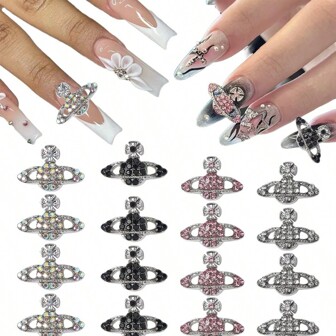 5 Pcs Silvery Nail Art Alloy Planet Gemstone Rhinestone Nails Shiny Multicolor Planet Cross Nail Charms DIY Nails Art Decoration Nail Supplies