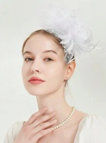 1頂肯塔基德比帽,女士下午茶聚會帽,婚禮酒會花卉頭飾,配有網狀和羽毛 - 白色 - 查看 2