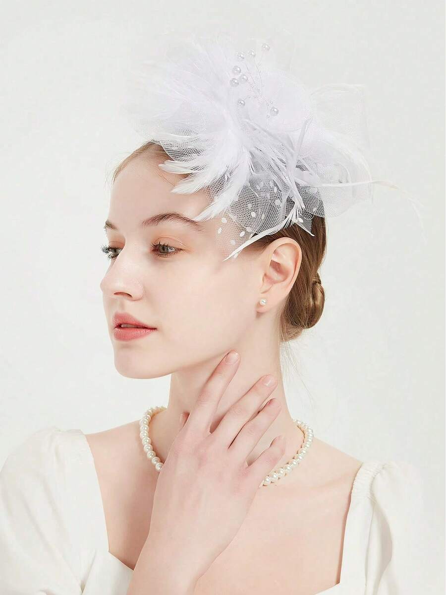 1頂肯塔基德比帽,女士下午茶聚會帽,婚禮酒會花卉頭飾,配有網狀和羽毛 - 白色 - 查看 1