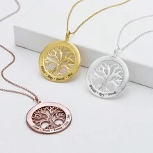 Customized Personalized Stainless Steel Name Engraving Pendant Necklace With Family Tree & Letter Charm, Embellished With Rhinestone, Ideal Jewelry Gift For Family
