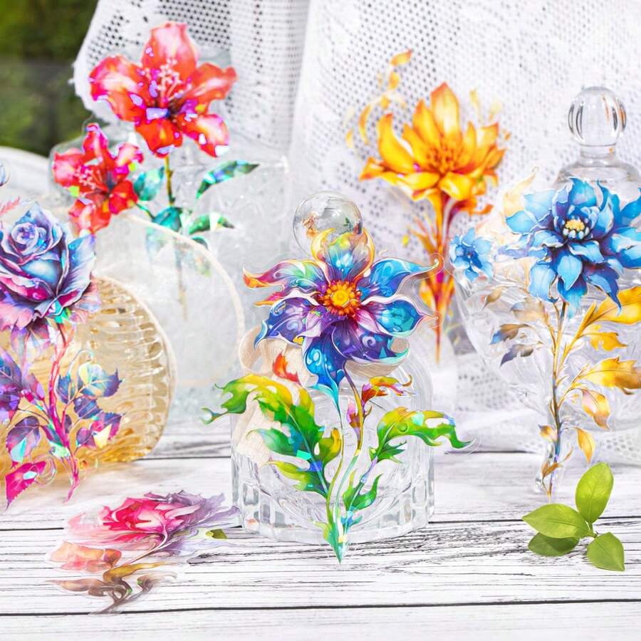 5pcs Dreamy Flower Pet Stickers, Shell Like Effect Scrapbooking Material, 5 Sheets - Multicolor - View 1