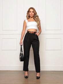 Calça Feminina Alfaiataria Social Cintura Alta Com Cinto Removível - Preto - Visão 1
